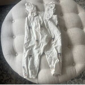 Zara Cream Ruffle-Strap Palm Print Jumpsuit